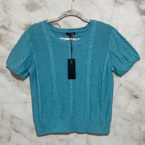21 Main Short Sleeve Knit Sweater Top - Aqua Blue